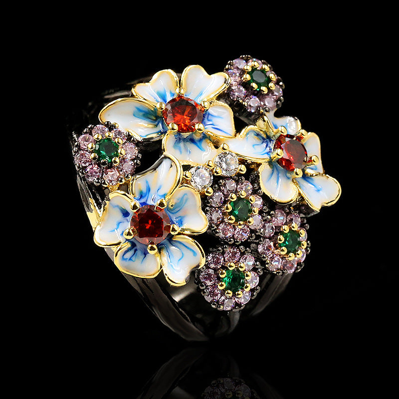 Fashion Color Zircon Ring, Flower Ring, Gold Ring, Ladies Jewelry, Jewelry