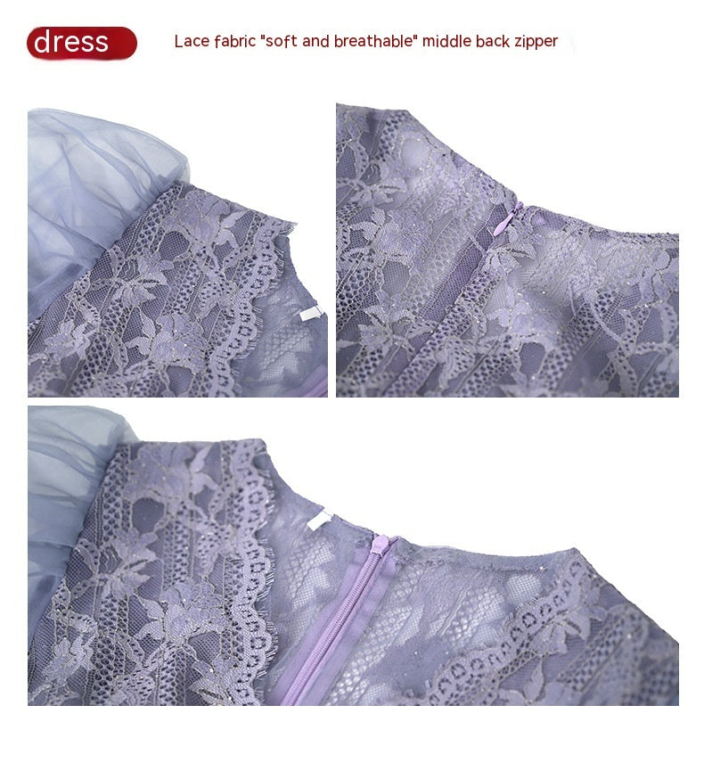 Clothing New V-neck Puff Sleeve Lace Dress Women Show Slim Temperament