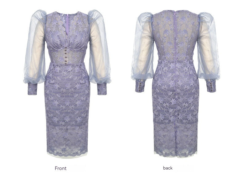 Clothing New V-neck Puff Sleeve Lace Dress Women Show Slim Temperament