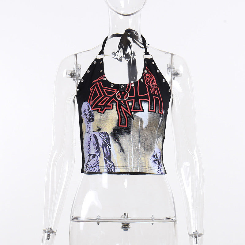 Gothic Print Studs Tight-fitting Beautiful Back Halter Sling Women