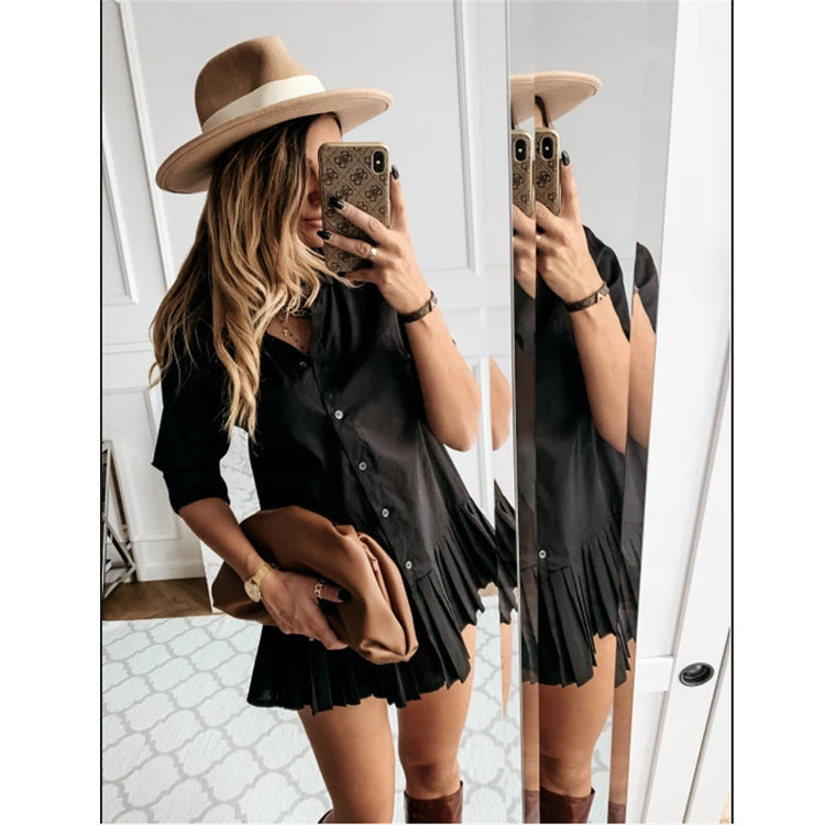 European And American Women's Clothing Pleated Slim Shirt Shirt Dress Women