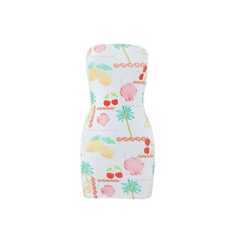 Sexy Women Clothing Tube Top Multi-color Printing Slim-fit Sheath Short Dress