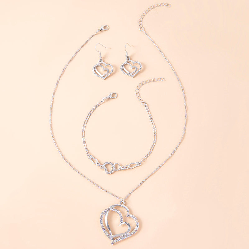 Romantic Crystal Heart Jewelry Set Bracelet Necklace Earrings For Women