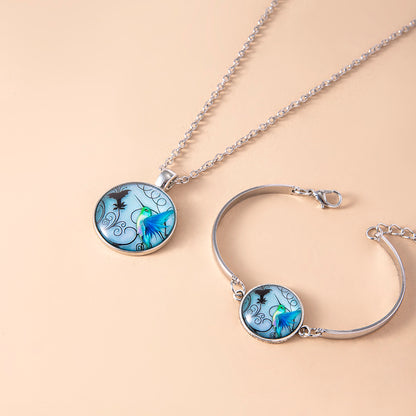 Vintage Blue Hummingbird Jewelry Set Handmade Animal Picture Glass Necklace Bracelet Earrings For Women