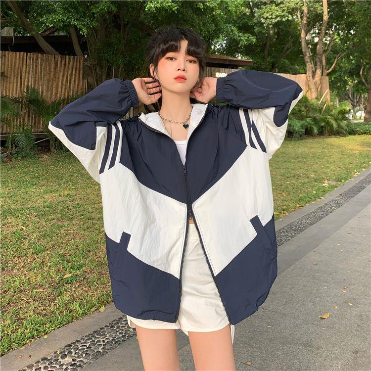 Contrast Color Hooded Sun Protection Clothing For Women Loose Thin Coat