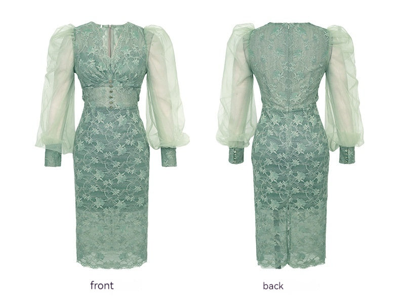 Clothing New V-neck Puff Sleeve Lace Dress Women Show Slim Temperament