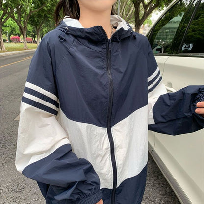 Contrast Color Hooded Sun Protection Clothing For Women Loose Thin Coat