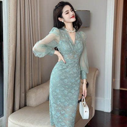 Clothing New V-neck Puff Sleeve Lace Dress Women Show Slim Temperament