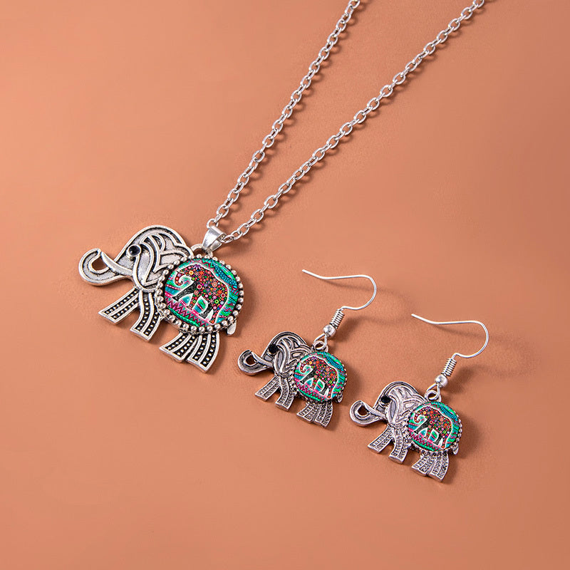 Vintage Ethnic Thai Silver Elephant Jewelry Set Necklace Bracelet Earrings For Women
