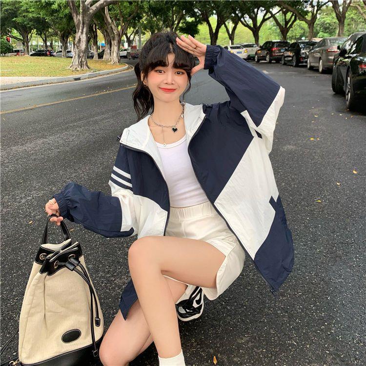 Contrast Color Hooded Sun Protection Clothing For Women Loose Thin Coat