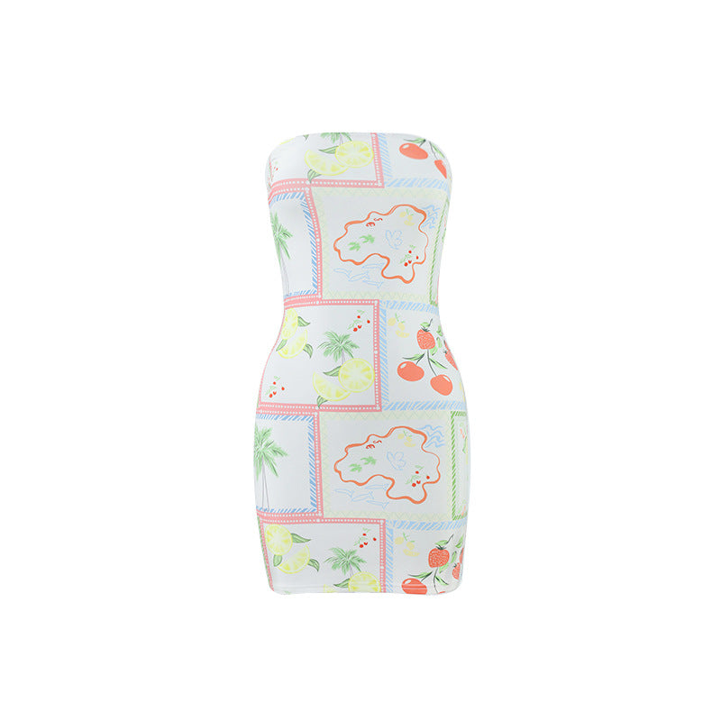 Sexy Women Clothing Tube Top Multi-color Printing Slim-fit Sheath Short Dress
