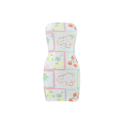 Sexy Women Clothing Tube Top Multi-color Printing Slim-fit Sheath Short Dress