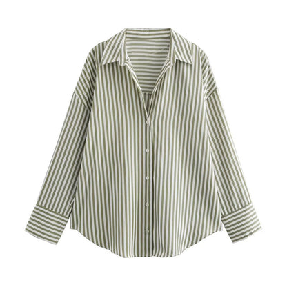 Autumn Women Clothing Printed Silk Satin Texture Drape Shirt