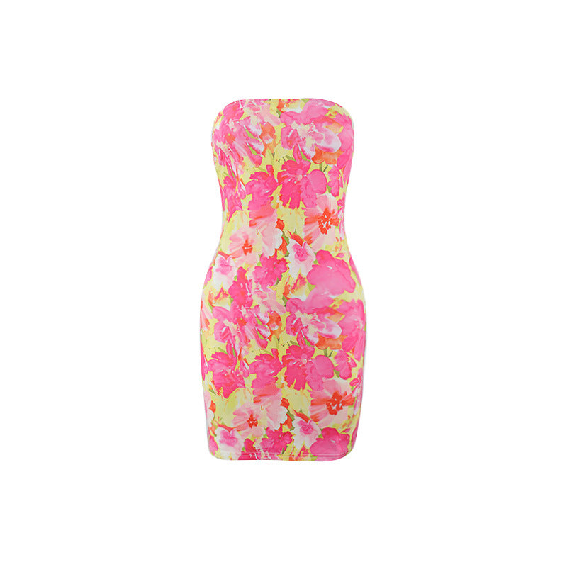 Sexy Women Clothing Tube Top Multi-color Printing Slim-fit Sheath Short Dress