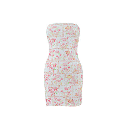 Sexy Women Clothing Tube Top Multi-color Printing Slim-fit Sheath Short Dress