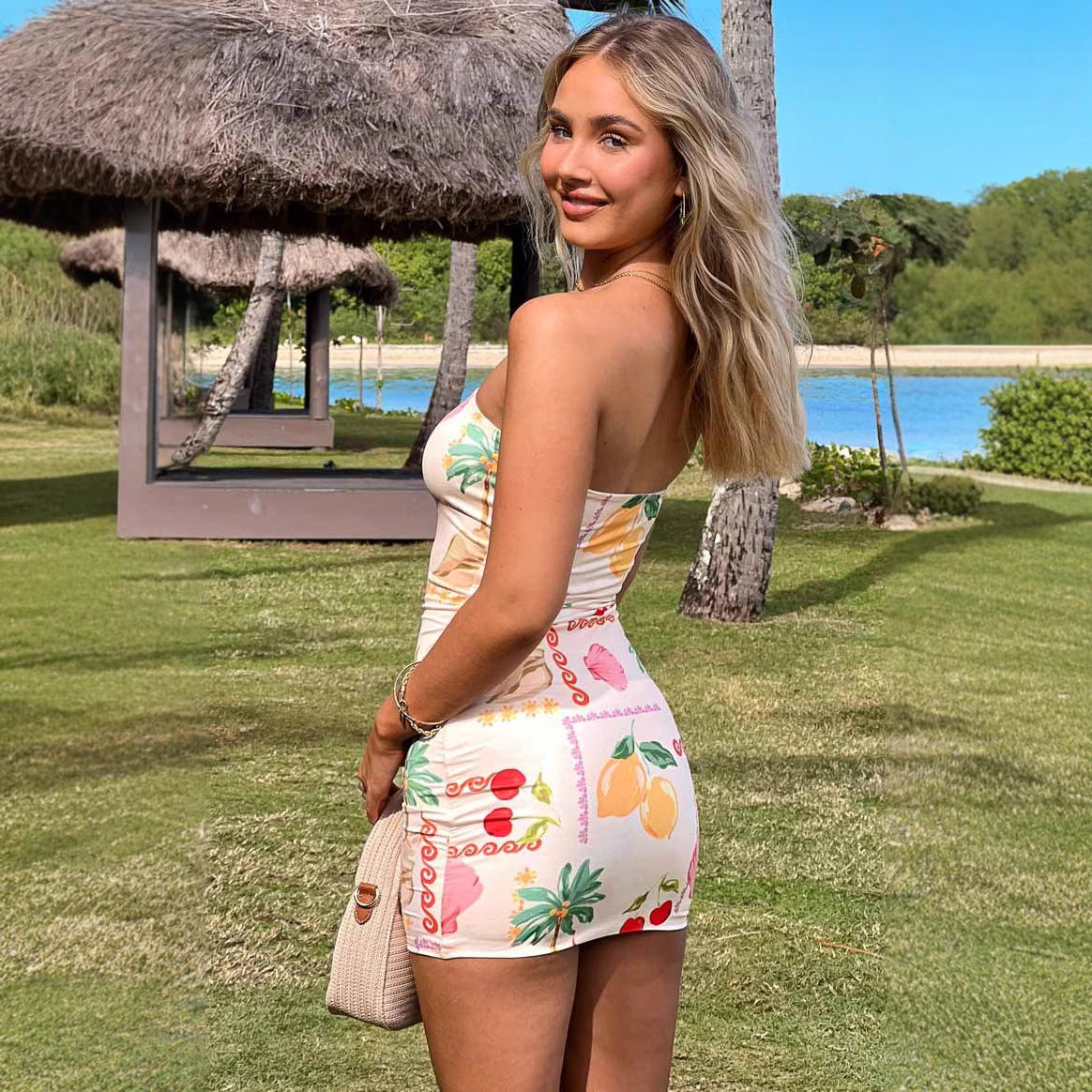 Sexy Women Clothing Tube Top Multi-color Printing Slim-fit Sheath Short Dress