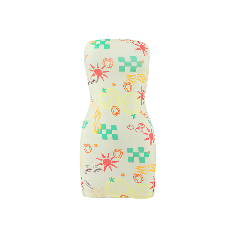 Sexy Women Clothing Tube Top Multi-color Printing Slim-fit Sheath Short Dress