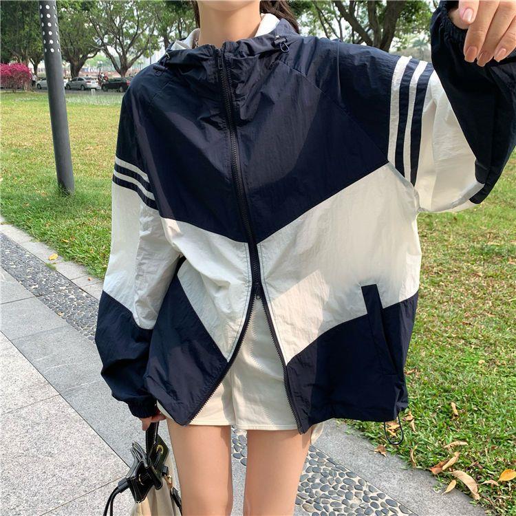 Contrast Color Hooded Sun Protection Clothing For Women Loose Thin Coat